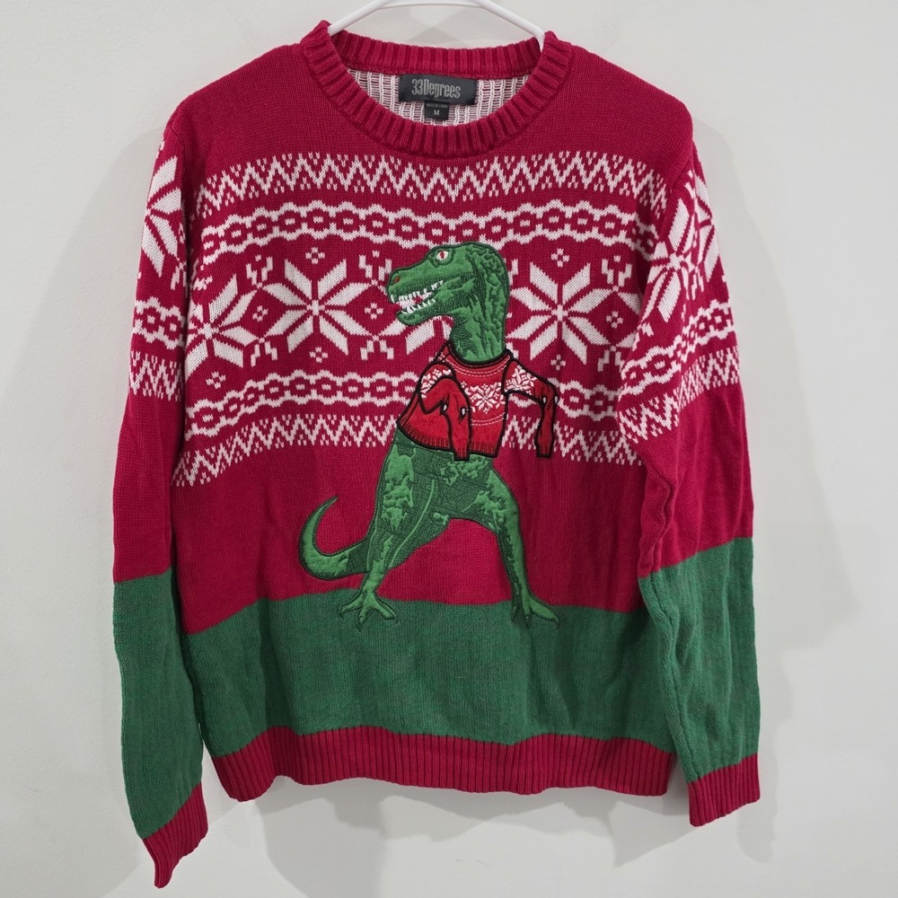 33 Degrees Mens Ugly Christmas Sweater Size Mediumβ Dinosaur Fair Isle Party